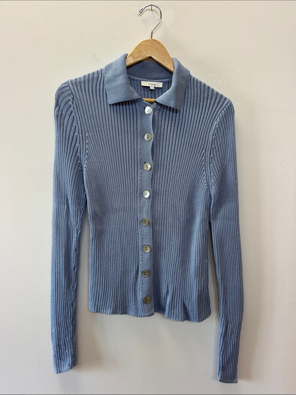 Vince Light Blue Ribbed Button-Front Collared Cardigan